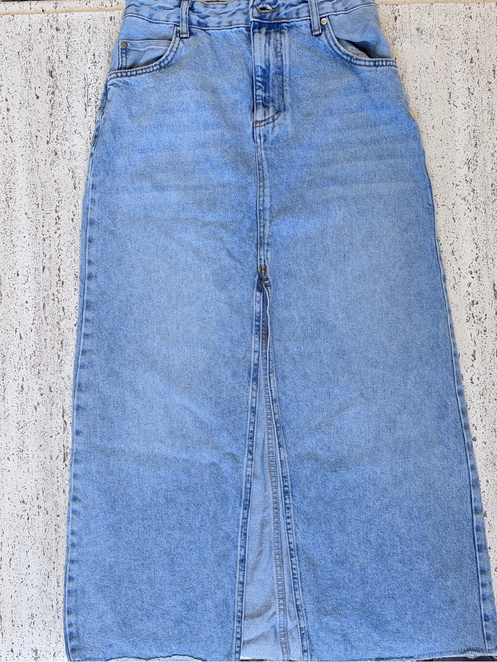 Anthropologie Pilcro Light Blue Denim Maxi Skirt with Front Slit and Frayed Hem